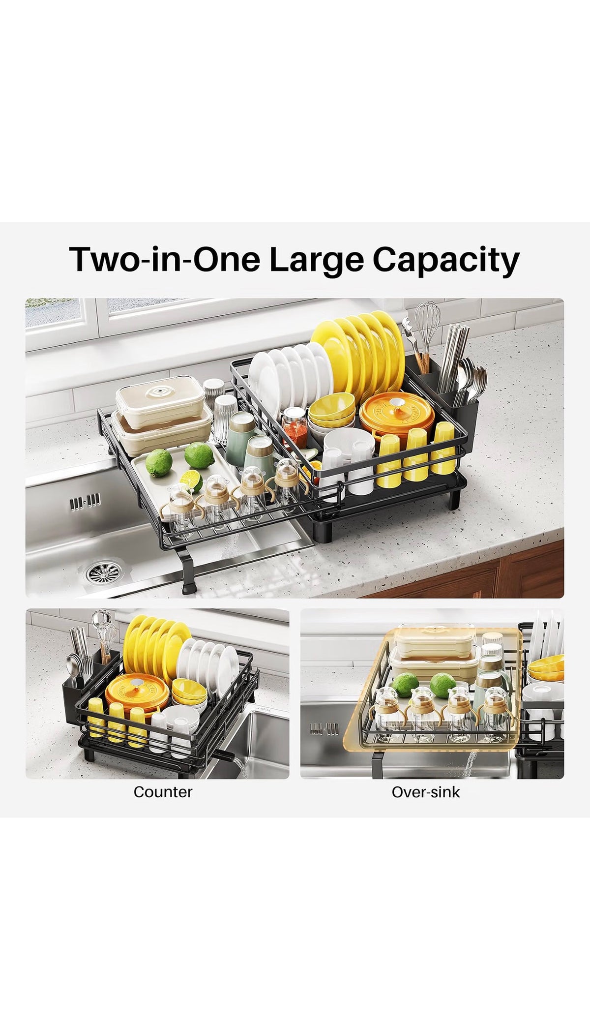 SNTD Expandable Dish Drying Rack for Kitchen Counter - Black